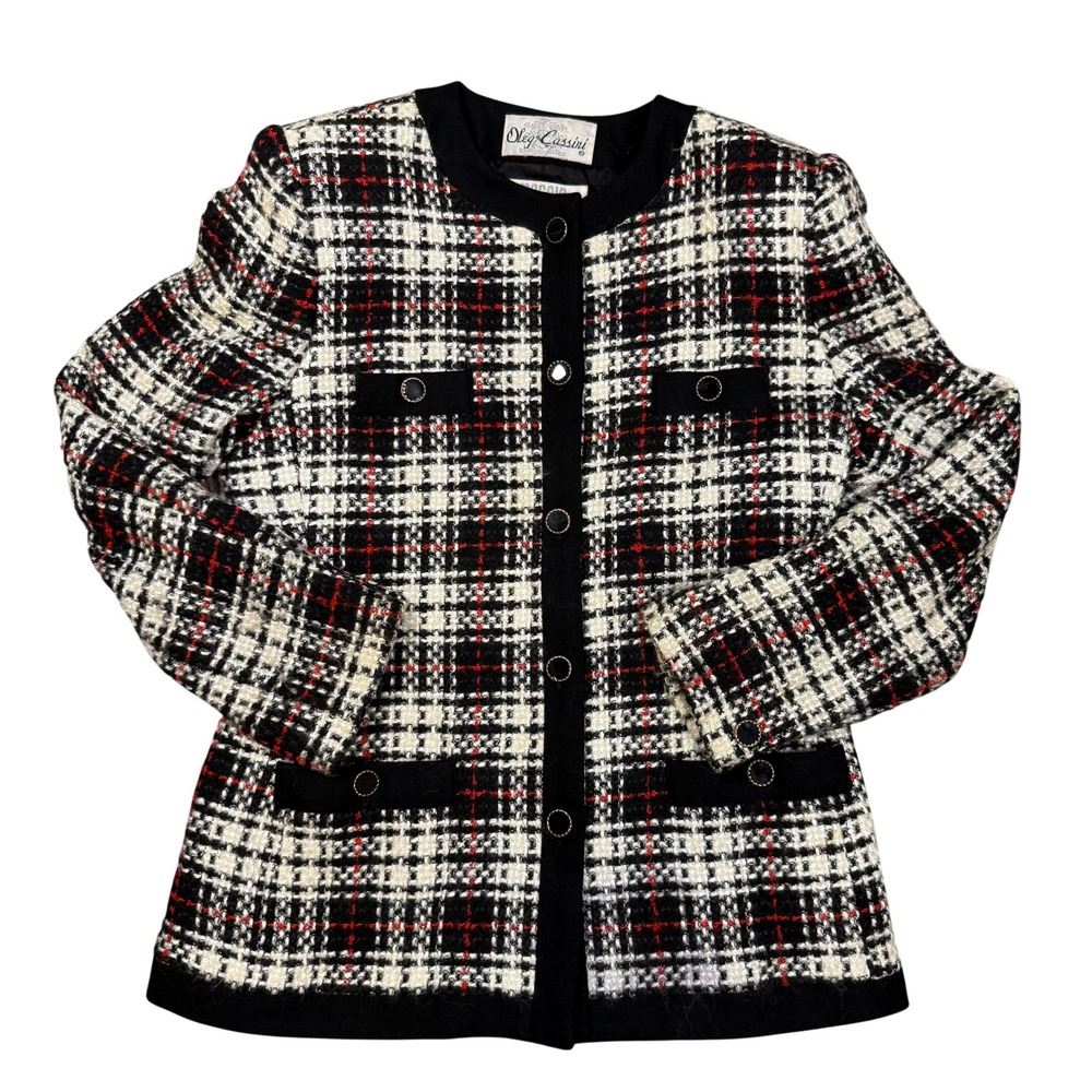 Vintage Old Money Oleg Cassini Plaid Tweed Wool Blend Jacket Black White Red 10A